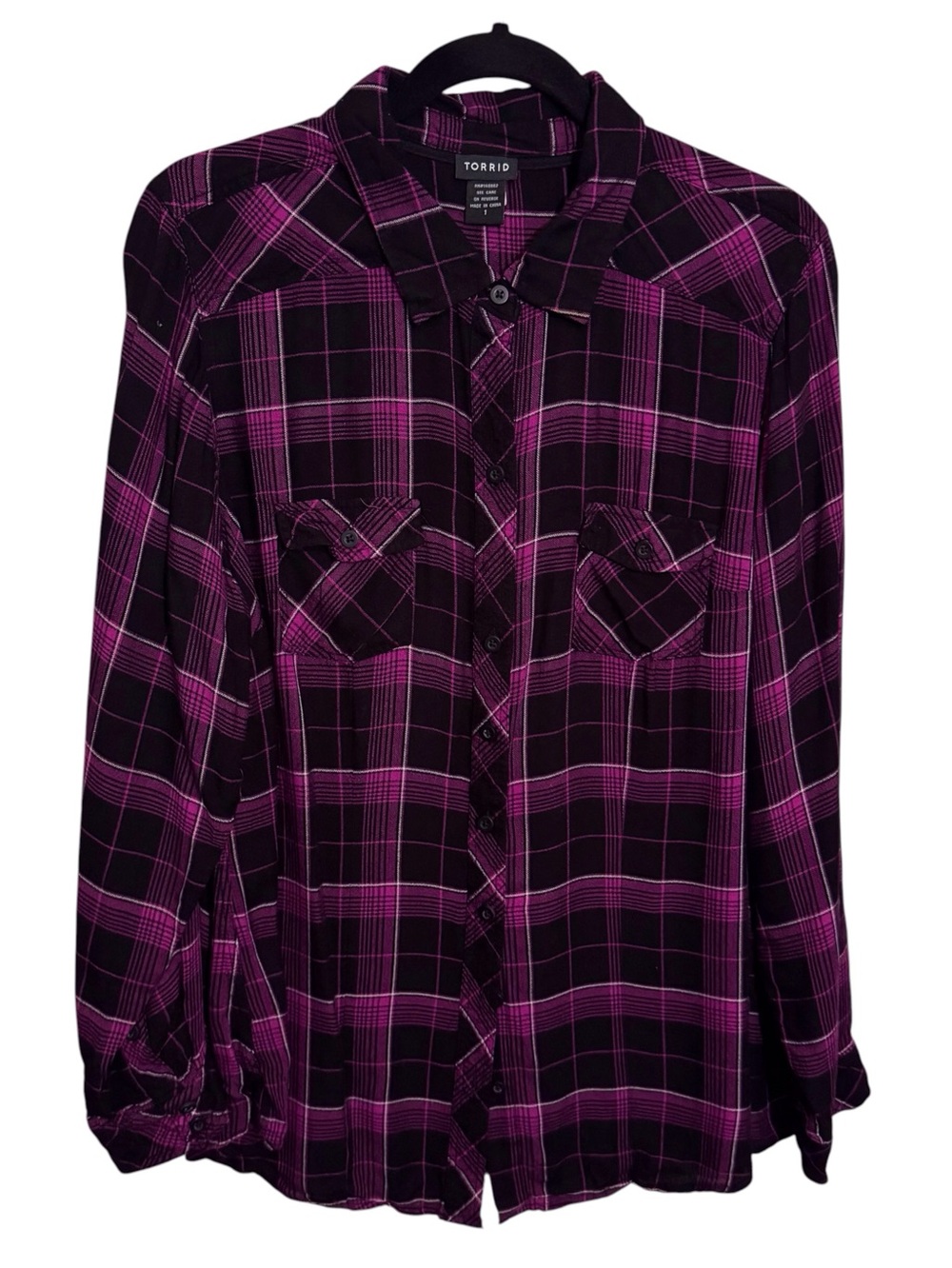 Torrid Size 1X Purple Black Plaid Button Up Top Long Sleeve Rayon Grunge Tunic